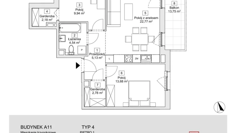 Rzut - Mieszkanie na sprzedaż 3 pokoje o powierzchni 61,02 m² - numer A11.1.1 w Zacisze Marcelin IIIa