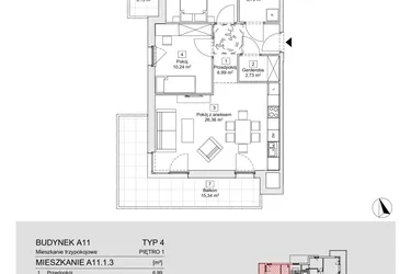 Rzut - Mieszkanie na sprzedaż 3 pokoje o powierzchni 65,76 m² - numer A11.1.3 w Zacisze Marcelin IIIa