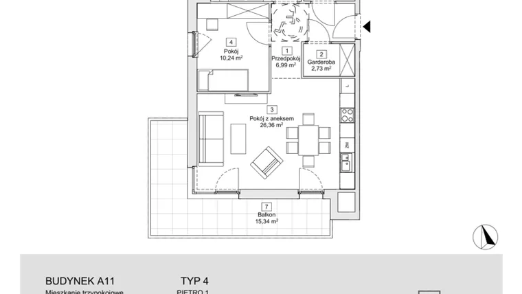 Rzut - Mieszkanie na sprzedaż 3 pokoje o powierzchni 65,76 m² - numer A11.1.3 w Zacisze Marcelin IIIa