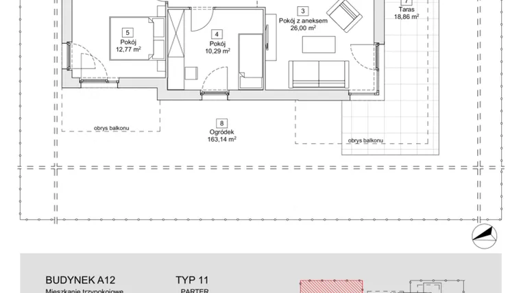 Rzut - Mieszkanie na sprzedaż 3 pokoje o powierzchni 65,64 m² - numer A12.0.3 w Zacisze Marcelin IIIa