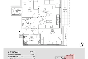 Rzut - Mieszkanie na sprzedaż 3 pokoje o powierzchni 66,67 m² - numer A12.1.1 w Zacisze Marcelin IIIa