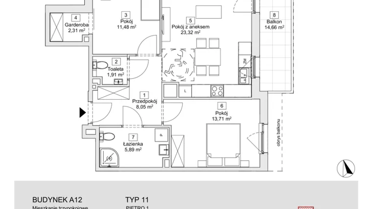 Rzut - Mieszkanie na sprzedaż 3 pokoje o powierzchni 66,67 m² - numer A12.1.1 w Zacisze Marcelin IIIa