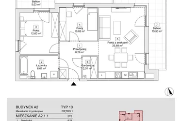 Rzut - Mieszkanie na sprzedaż 3 pokoje o powierzchni 65,74 m² - numer A2.1.1 w Zacisze Marcelin IIIa