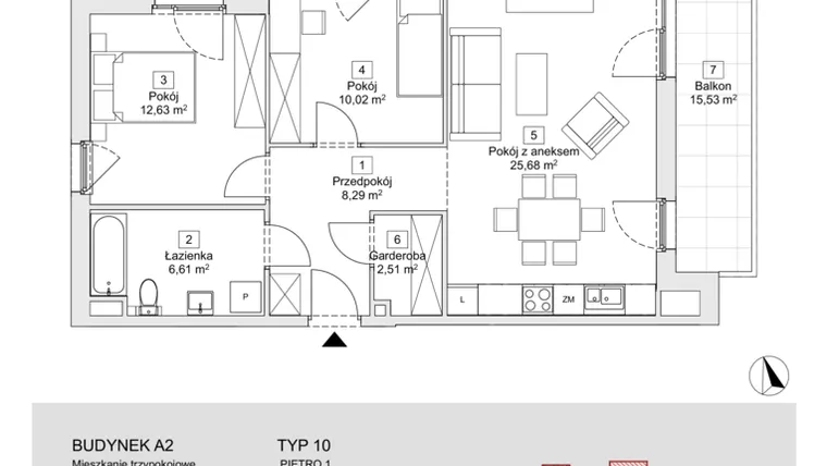 Rzut - Mieszkanie na sprzedaż 3 pokoje o powierzchni 65,74 m² - numer A2.1.1 w Zacisze Marcelin IIIa