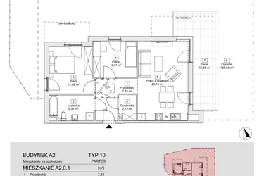 Rzut - Mieszkanie na sprzedaż 3 pokoje o powierzchni 65,7 m² - numer A2.0.1(N) w Zacisze Marcelin IIIa