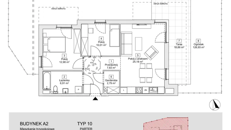 Rzut - Mieszkanie na sprzedaż 3 pokoje o powierzchni 65,7 m² - numer A2.0.1(N) w Zacisze Marcelin IIIa