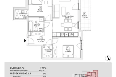 Rzut - Mieszkanie na sprzedaż 3 pokoje o powierzchni 63,73 m² - numer A3.1.1 w Zacisze Marcelin IIIa