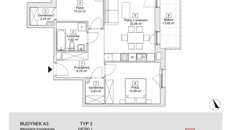 Rzut - Mieszkanie na sprzedaż 3 pokoje o powierzchni 63,73 m² - numer A3.1.1 w Zacisze Marcelin IIIa