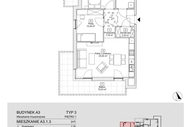 Rzut - Mieszkanie na sprzedaż 3 pokoje o powierzchni 65,56 m² - numer A3.1.3 w Zacisze Marcelin IIIa
