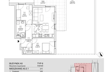 Rzut - Mieszkanie na sprzedaż 3 pokoje o powierzchni 61,19 m² - numer A5.0.1(N) w Zacisze Marcelin IIIa