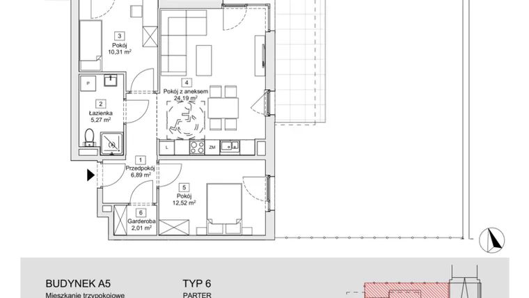 Rzut - Mieszkanie na sprzedaż 3 pokoje o powierzchni 61,19 m² - numer A5.0.1(N) w Zacisze Marcelin IIIa