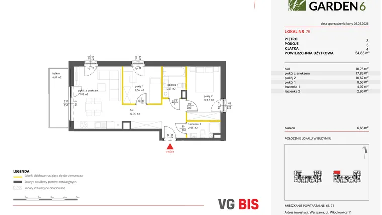 Rzut - Mieszkanie na sprzedaż 3 pokoje o powierzchni 55,49 m² - numer 76 w Nova Viva Garden 6