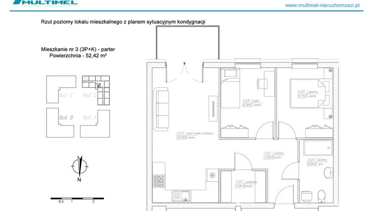 Rzut - Mieszkanie na sprzedaż 3 pokoje o powierzchni 52,42 m² - numer 3D w Dominów Rynek