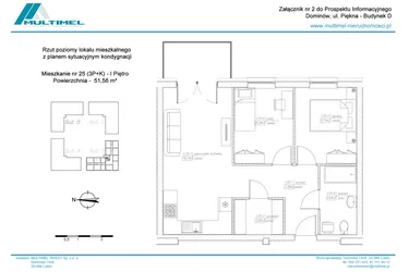 Rzut - Mieszkanie na sprzedaż 3 pokoje o powierzchni 51,56 m² - numer 25D w Dominów Rynek