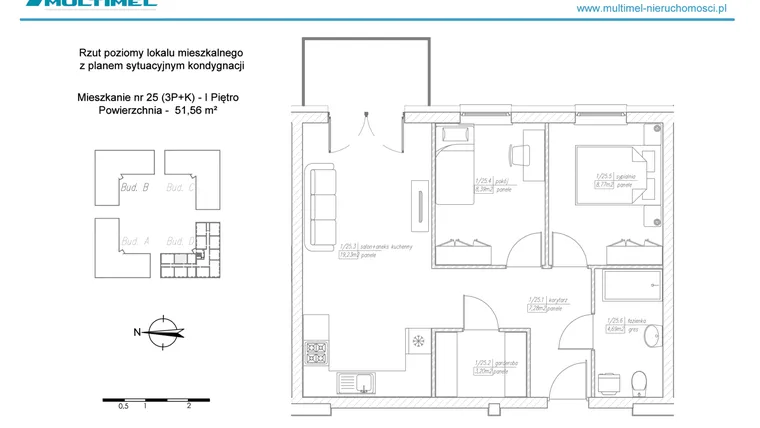 Rzut - Mieszkanie na sprzedaż 3 pokoje o powierzchni 51,56 m² - numer 25D w Dominów Rynek