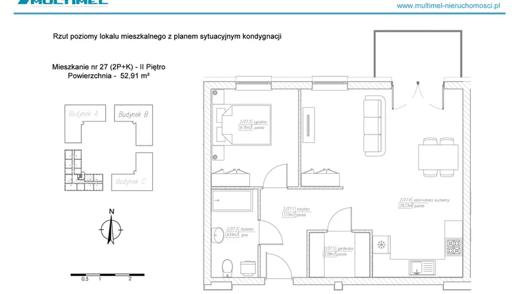 Rzut - Mieszkanie na sprzedaż 2 pokoje o powierzchni 53,06 m² - numer 27D w Dominów Rynek
