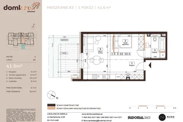 Rzut - Mieszkanie na sprzedaż 1 pokój o powierzchni 41,6 m² - numer B3 w Domkove Widzew