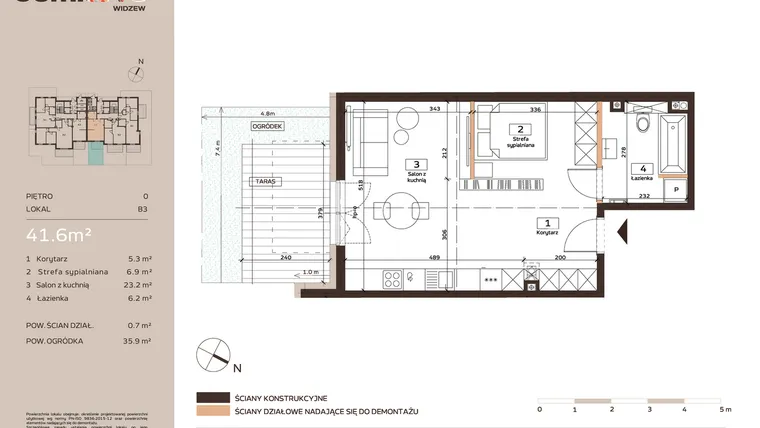 Rzut - Mieszkanie na sprzedaż 1 pokój o powierzchni 41,6 m² - numer B3 w Domkove Widzew