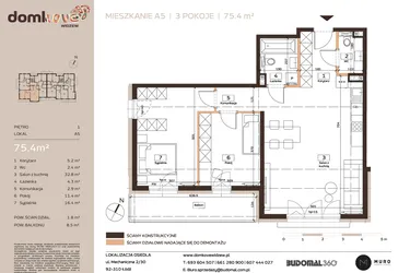 Rzut - Mieszkanie na sprzedaż 3 pokoje o powierzchni 75,4 m² - numer A5 w Domkove Widzew