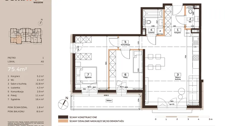 Rzut - Mieszkanie na sprzedaż 3 pokoje o powierzchni 75,4 m² - numer A5 w Domkove Widzew