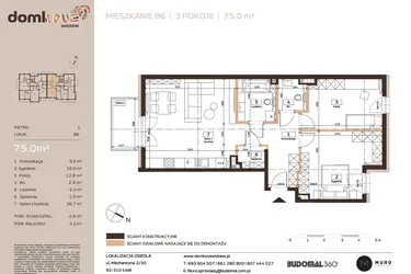 Rzut - Mieszkanie na sprzedaż 3 pokoje o powierzchni 75 m² - numer B6 w Domkove Widzew