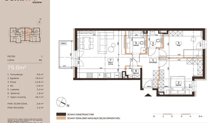 Rzut - Mieszkanie na sprzedaż 3 pokoje o powierzchni 75 m² - numer B6 w Domkove Widzew