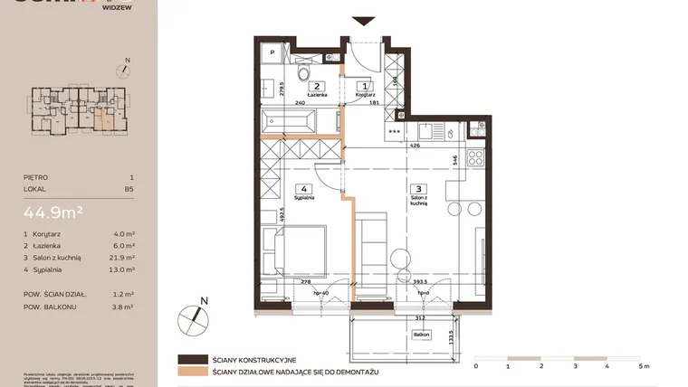 Rzut - Mieszkanie na sprzedaż 2 pokoje o powierzchni 44,9 m² - numer B5 w Domkove Widzew