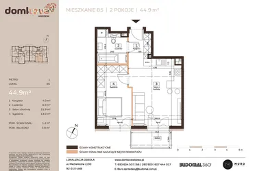 Rzut - Mieszkanie na sprzedaż 2 pokoje o powierzchni 44,9 m² - numer B5 w Domkove Widzew