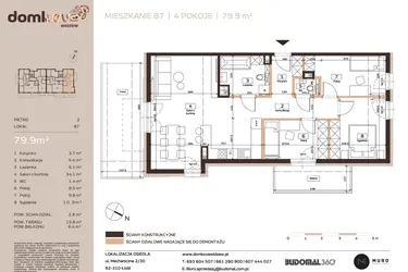 Rzut - Mieszkanie na sprzedaż 4 pokoje o powierzchni 79,9 m² - numer B7 w Domkove Widzew