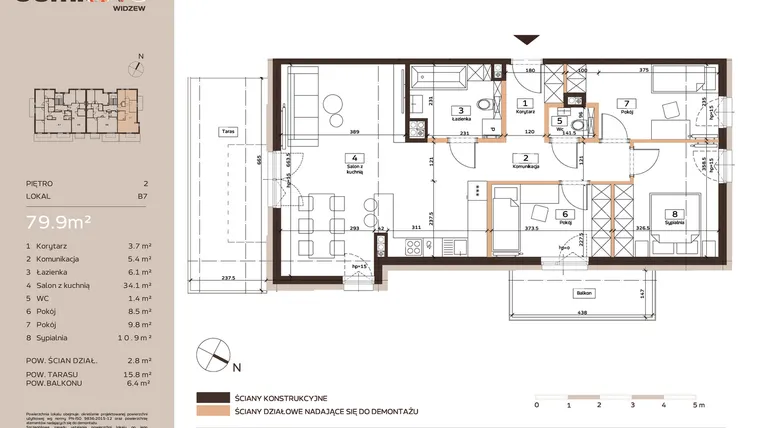 Rzut - Mieszkanie na sprzedaż 4 pokoje o powierzchni 79,9 m² - numer B7 w Domkove Widzew