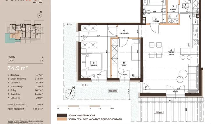 Rzut - Mieszkanie na sprzedaż 3 pokoje o powierzchni 74,9 m² - numer C2 w Domkove Widzew