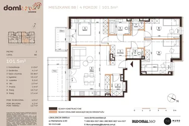 Rzut - Mieszkanie na sprzedaż 4 pokoje o powierzchni 101,5 m² - numer B8 w Domkove Widzew