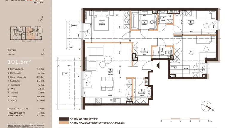 Rzut - Mieszkanie na sprzedaż 4 pokoje o powierzchni 101,5 m² - numer B8 w Domkove Widzew