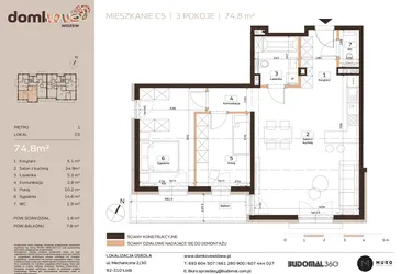Rzut - Mieszkanie na sprzedaż 3 pokoje o powierzchni 74,8 m² - numer C5 w Domkove Widzew