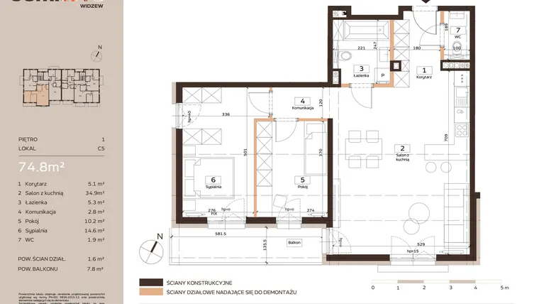 Rzut - Mieszkanie na sprzedaż 3 pokoje o powierzchni 74,8 m² - numer C5 w Domkove Widzew