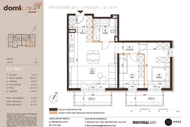 Rzut - Mieszkanie na sprzedaż 3 pokoje o powierzchni 67,8 m² - numer D5 w Domkove Widzew