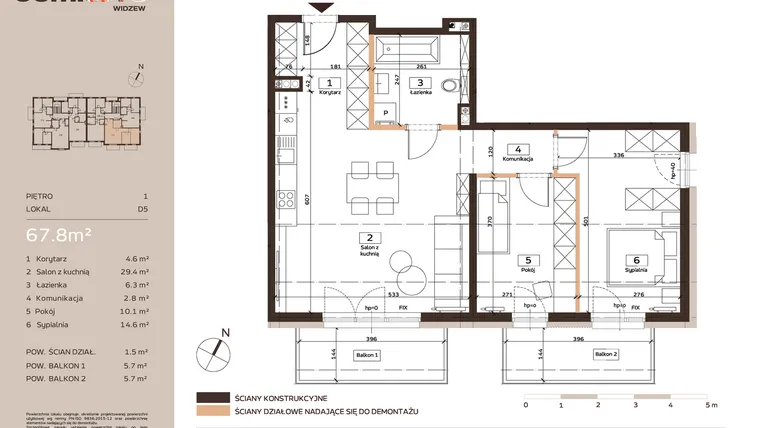 Rzut - Mieszkanie na sprzedaż 3 pokoje o powierzchni 67,8 m² - numer D5 w Domkove Widzew