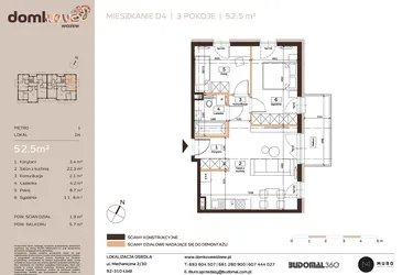 Rzut - Mieszkanie na sprzedaż 3 pokoje o powierzchni 52,5 m² - numer D4 w Domkove Widzew