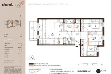 Rzut - Mieszkanie na sprzedaż 4 pokoje o powierzchni 78,1 m² - numer D6 w Domkove Widzew