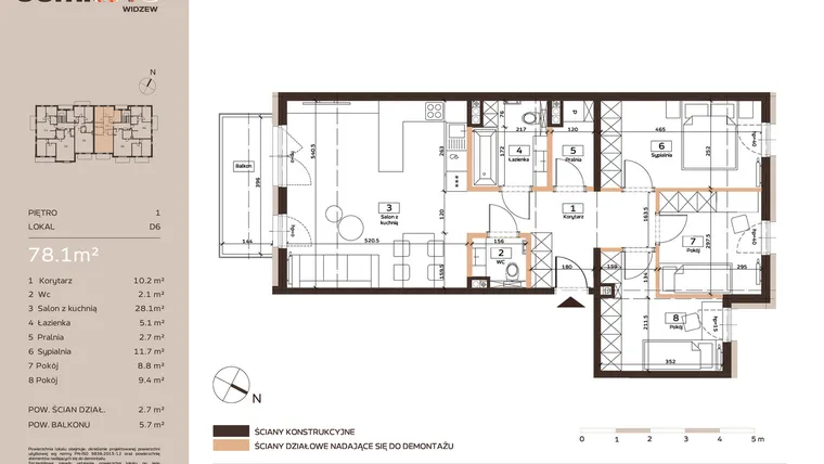 Rzut - Mieszkanie na sprzedaż 4 pokoje o powierzchni 78,1 m² - numer D6 w Domkove Widzew