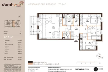 Rzut - Mieszkanie na sprzedaż 4 pokoje o powierzchni 78,1 m² - numer D8 w Domkove Widzew