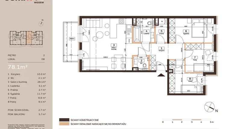 Rzut - Mieszkanie na sprzedaż 4 pokoje o powierzchni 78,1 m² - numer D8 w Domkove Widzew