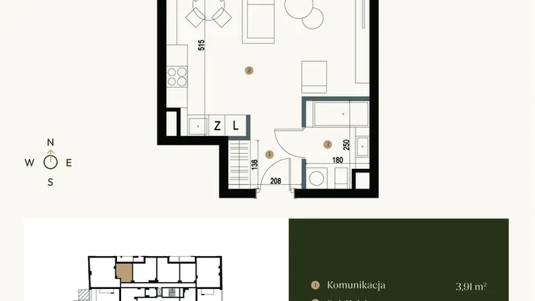 Rzut - Mieszkanie na sprzedaż 1 pokój o powierzchni 34,33 m² - numer M3.02 w Verde Casa