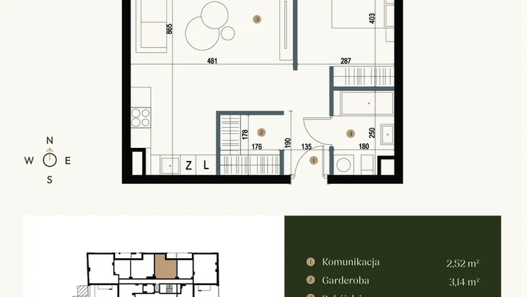 Rzut - Mieszkanie na sprzedaż 1 pokój o powierzchni 57 m² - numer M3.04 w Verde Casa