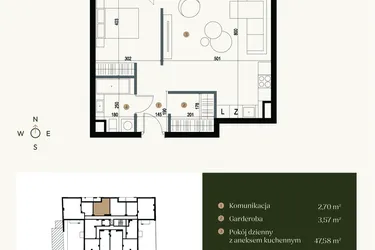 Rzut - Mieszkanie na sprzedaż 1 pokój o powierzchni 58,07 m² - numer M2.03 w Verde Casa