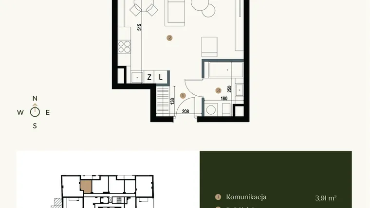 Rzut - Mieszkanie na sprzedaż 1 pokój o powierzchni 34,33 m² - numer M2.02 w Verde Casa