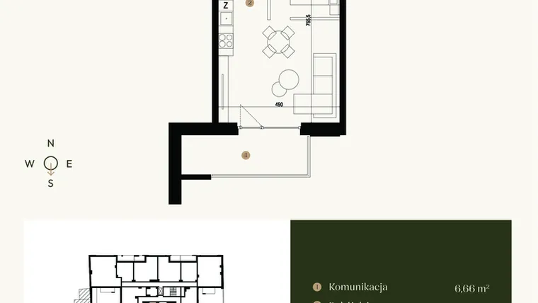 Rzut - Mieszkanie na sprzedaż 1 pokój o powierzchni 46,91 m² - numer M2.12 w Verde Casa