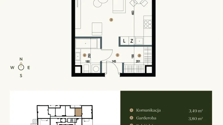 Rzut - Mieszkanie na sprzedaż 1 pokój o powierzchni 35,03 m² - numer M2.05 w Verde Casa