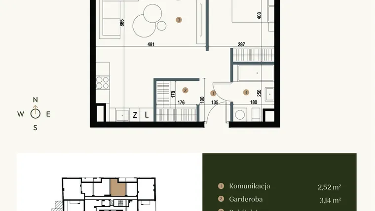 Rzut - Mieszkanie na sprzedaż 1 pokój o powierzchni 57 m² - numer M2.04 w Verde Casa