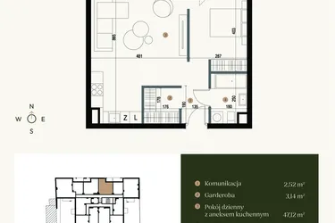 Rzut - Mieszkanie na sprzedaż 1 pokój o powierzchni 57 m² - numer M1.04 w Verde Casa